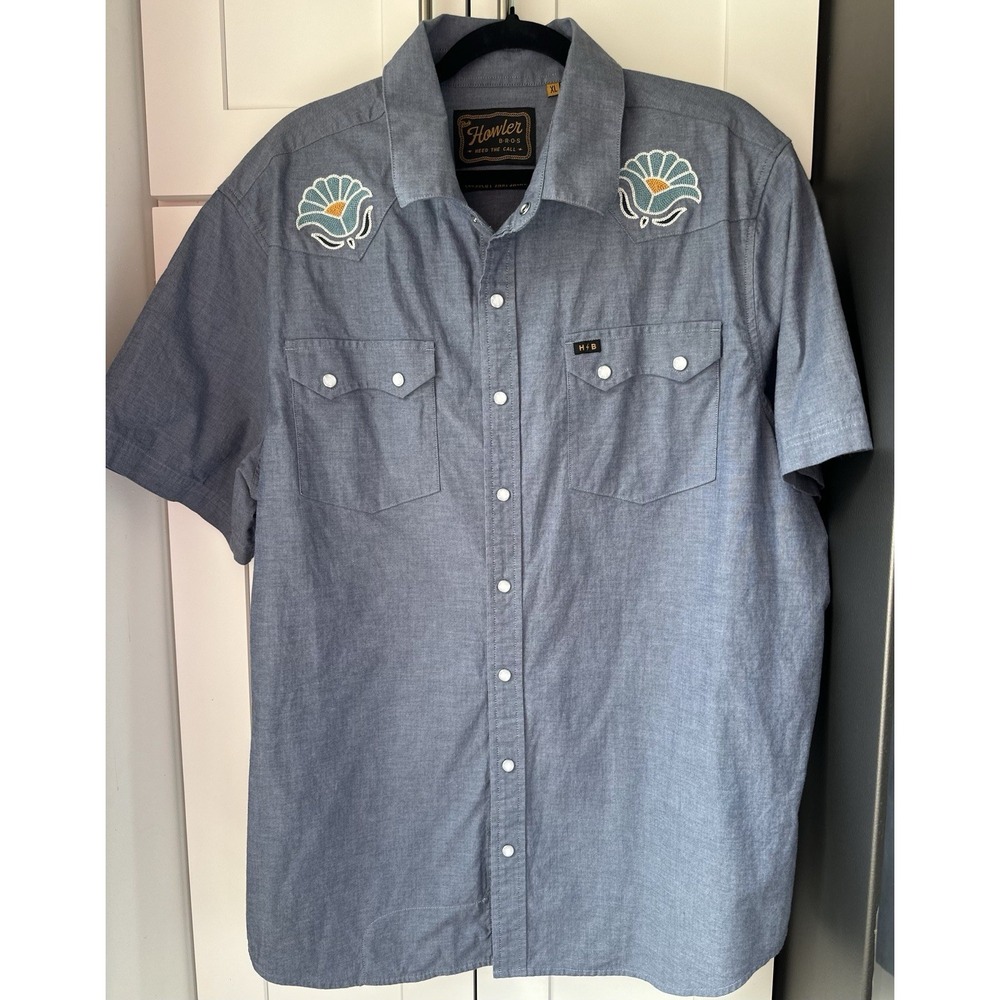 Howler Bros Cross Cut Deluxe Shirt Mens XL Embroidered Pearl Snap Chambray 0379